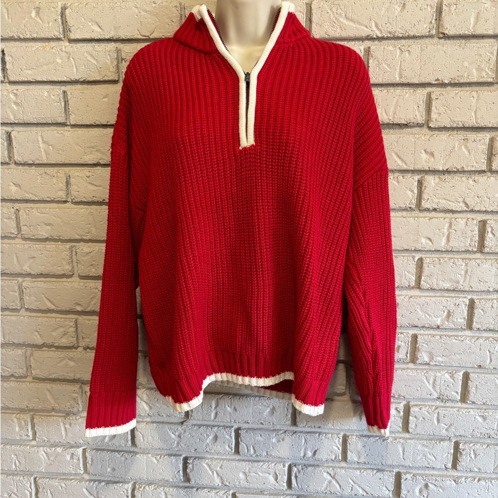 Sanctuary Red & White Oversized Half Zip Knit Sweater Size Medium NWOT